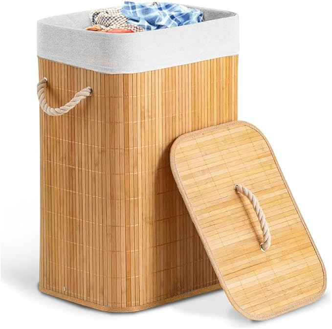 Cesto de Bambu Roupa Suja em Bambu Natural com Tampa 60L Alças de Corda Forro Removível Ideal P... | Amazon (BR)