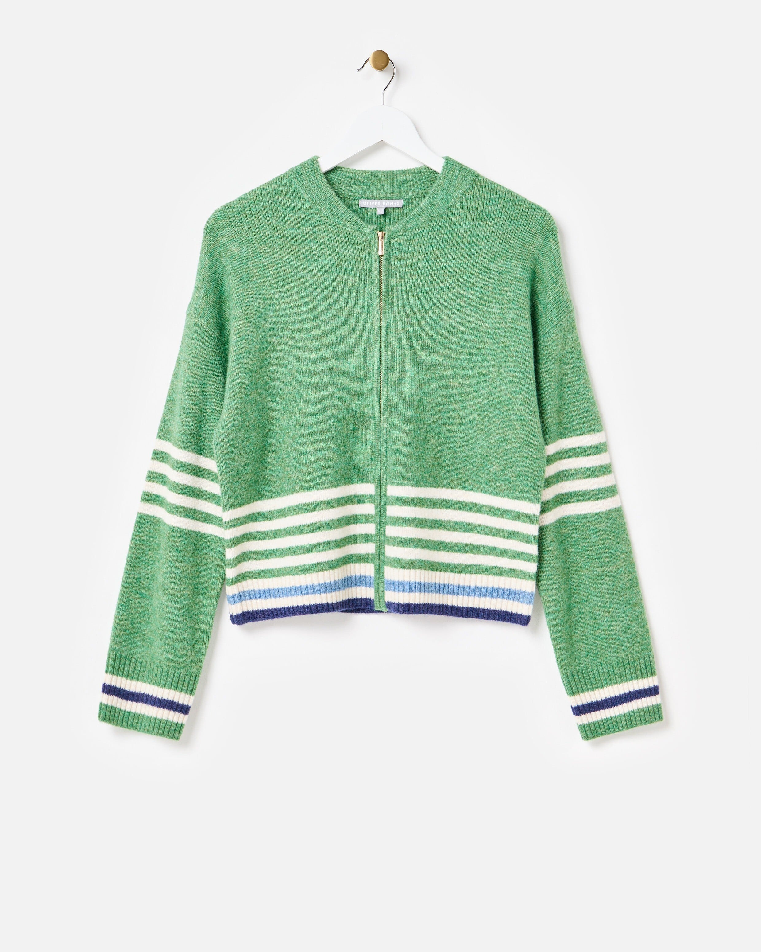 Green & Cream Striped Zip Up Knitted Bomber Jacket | Oliver Bonas | Oliver Bonas (Global)
