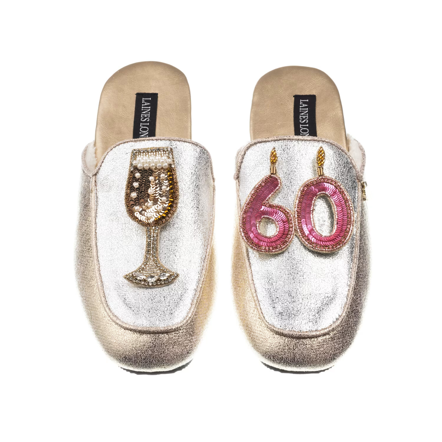 Classic Mules With 60Th Birthday & Glass Of Champagne Brooches - Silver & Gold | Wolf & Badger
