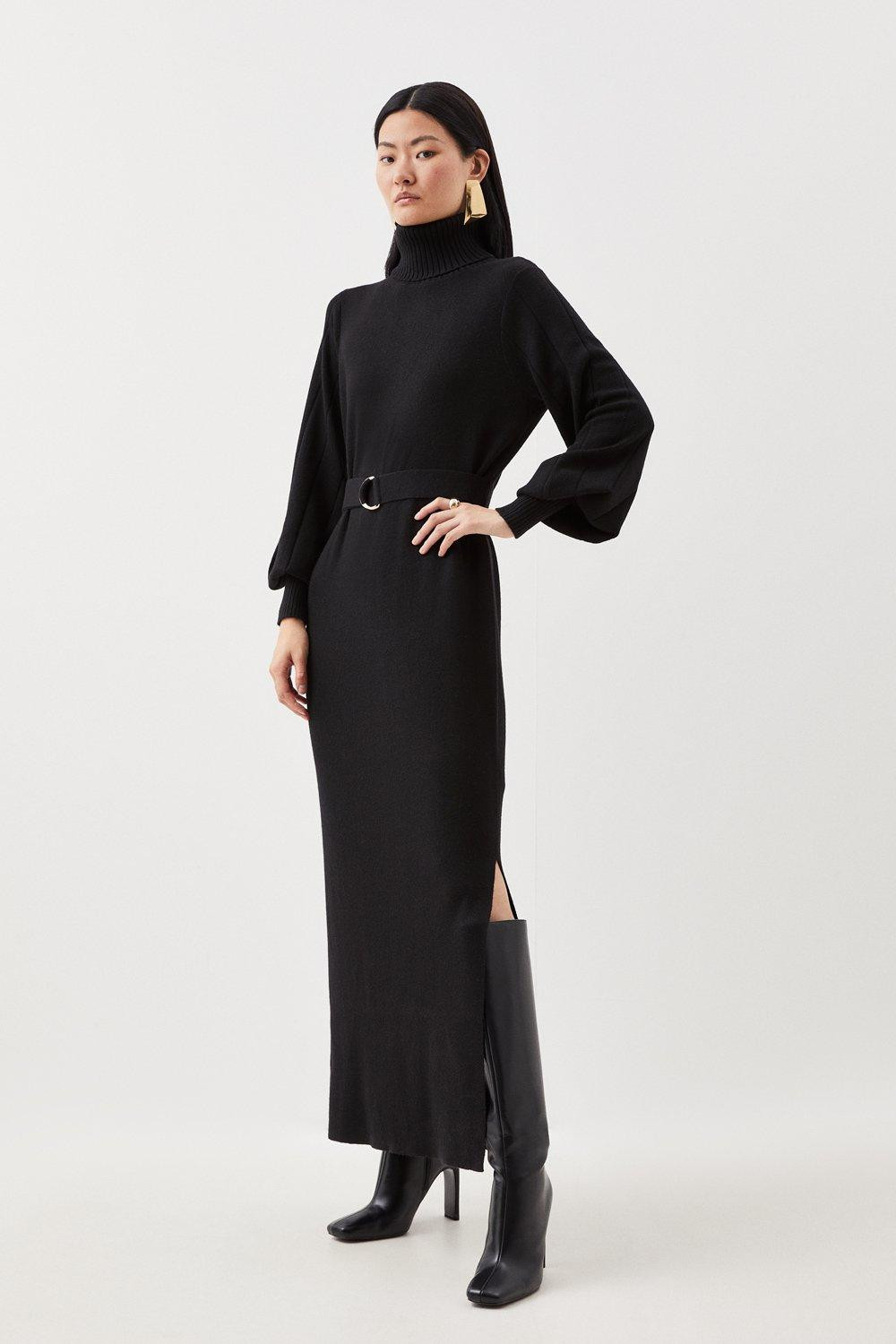 Wool Blend Full Sleeve Belted Funnel Knit Neck Midaxi Dress | Karen Millen US