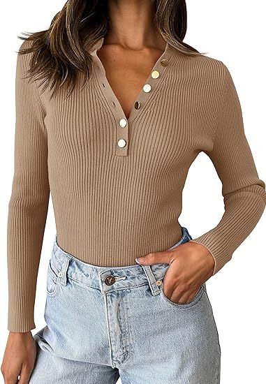 ZESICA Women's 2023 Long Sleeve Button Down V Neck Slim Fitted T Shirts Fall Casual Ribbed Knit B... | Amazon (US)