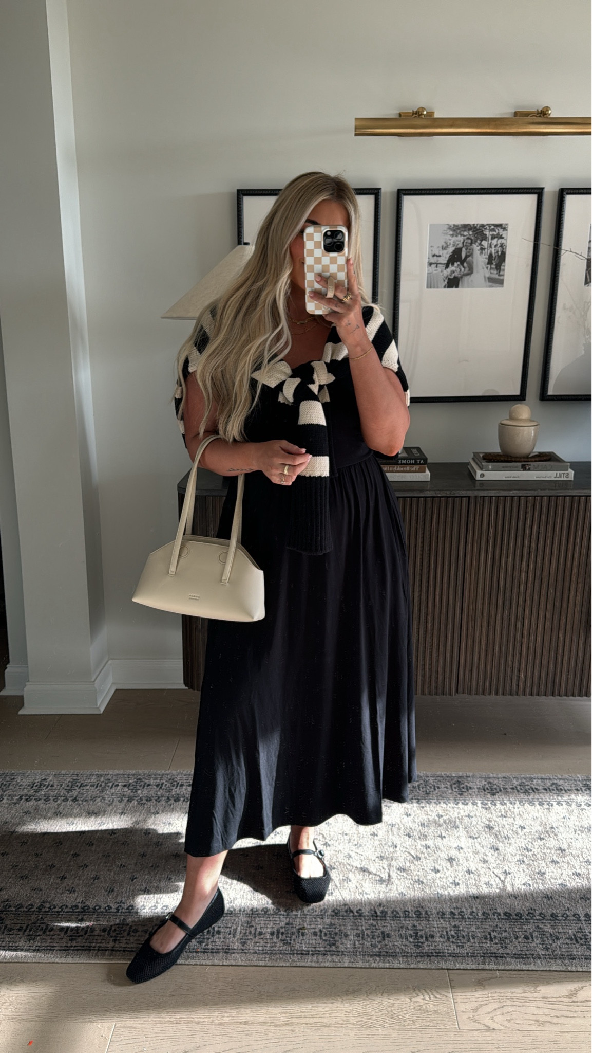 Sushi GNO 👯‍♀️🍱🫶🏼🍣✨

Target dress I LOVE!!! I do a size large. Easy way to style it into fall is with a cardigan, denim jacket or sweater over the shoulders  

Bag is not linkable on LTK but from Freja New York — love her!

Sweater is sold out from Revolve its Striped Crewneck in Black & Natural by White + Warren. Linked similar though! 