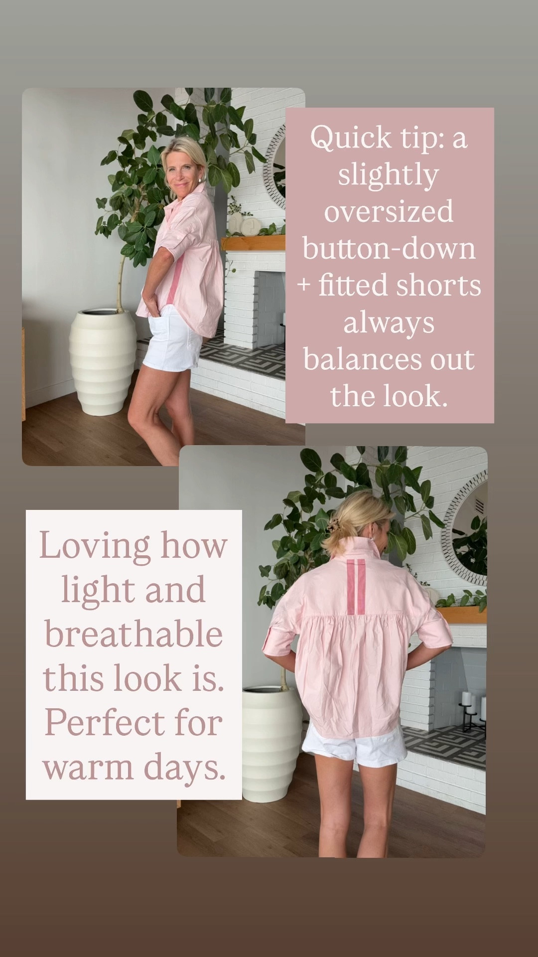 Pink button down shirt outfit with white shorts.

#LTKTravel #LTKOver40 #LTKootd