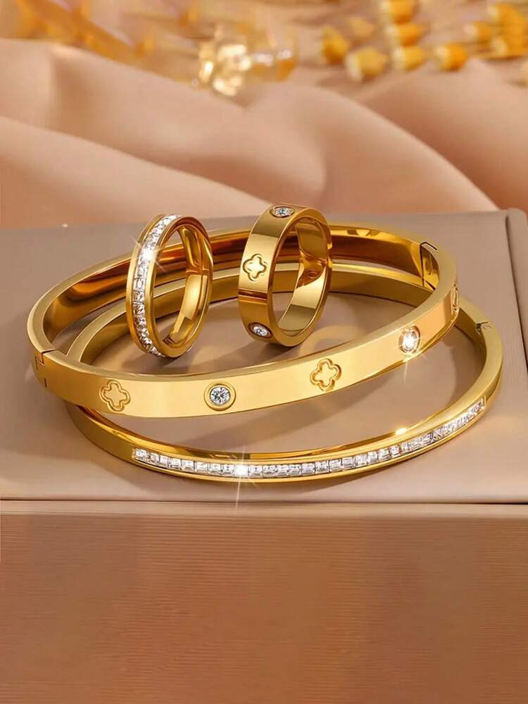 4pcs Stainless Steel Four-Leaf Clover Rhinestone Bracelet & Ring Set, Waterproof & Fade-Resistant, Suitable For Women's Daily Wear, Holiday Gift | SHEIN