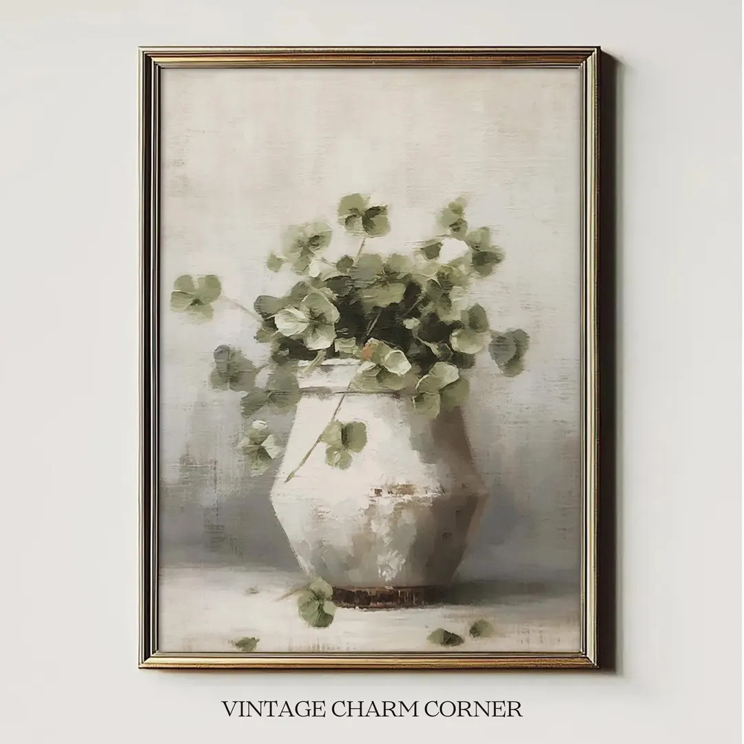 Still Life Irish Clover Print, White Vase With Green Foliage, Rustic Art for St. Patrick's Day De... | Etsy (US)