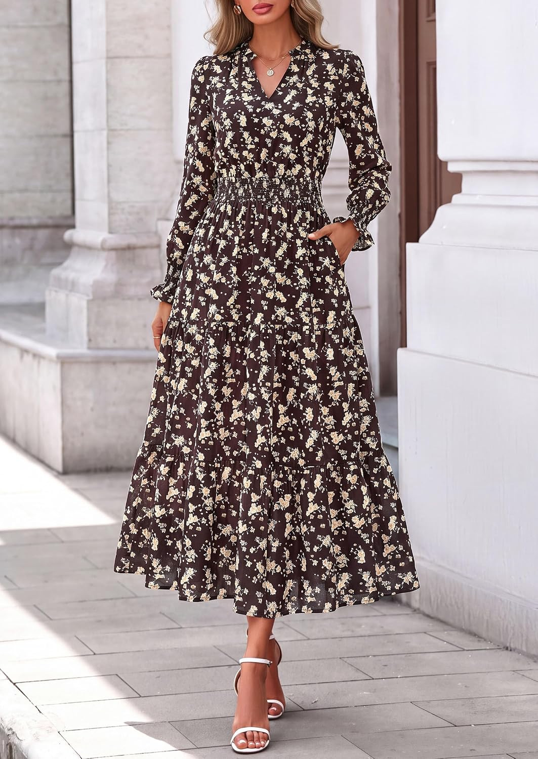 PRETTYGARDEN Women's Floral Maxi Dress Fall A Line Wedding Guest Dresses | Amazon (US)