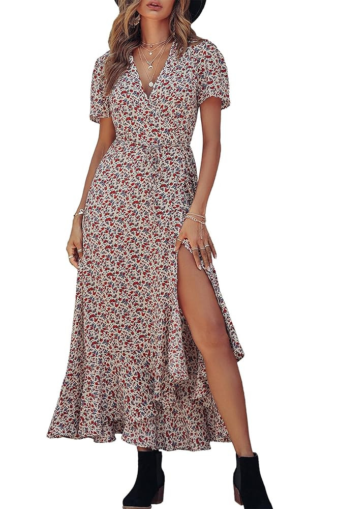 PRETTYGARDEN Women's Summer Maxi Dress Casual Wrap Floral Boho Short Sleeve V Neck Split Ruffle B... | Amazon (US)