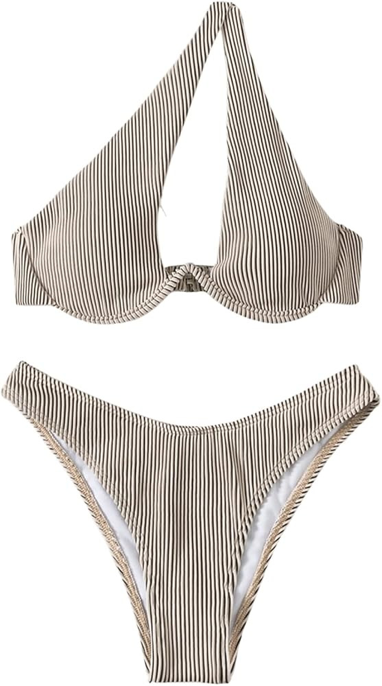 SweatyRocks Women's Ribbed Push Up Bikini Swimsuit One Shoulder Cut Out Bathing Suit | Amazon (US)
