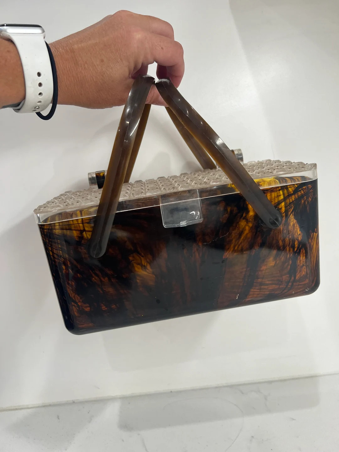 Vintage Lucite Tortoise Amber Box Handbag 1950s Basket Handle Bakelite Purse | Etsy (US)