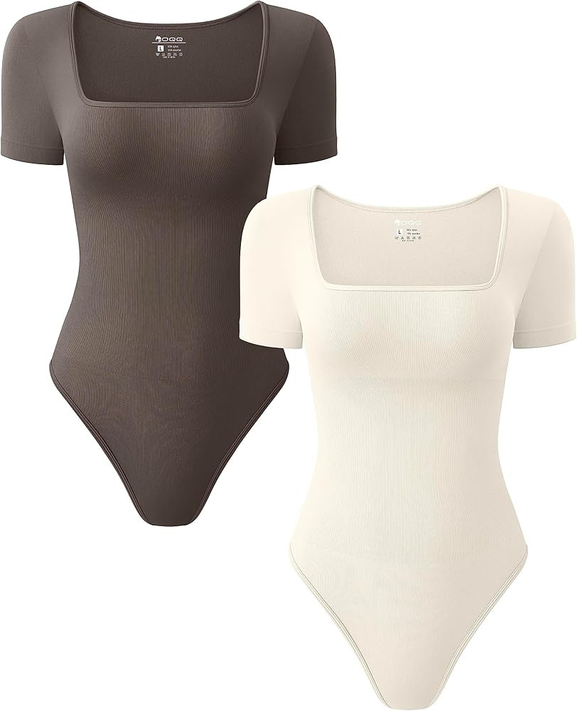 OQQ Women's 2 Piece Bodysuits Sexy Ribbed One Piece Square Neck Short Sleeve Bodysuits | Amazon (US)