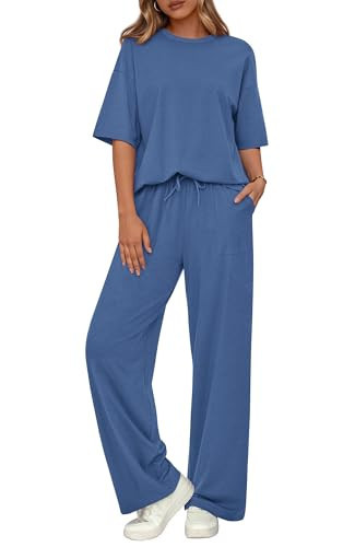 BTFBM Summer Outfits For Women 2026 Two Piece Sets Casual Short Sleeve Spring Tops Wide Leg Pants Matching Lounge Set(Blue, Medium) | Amazon (US)