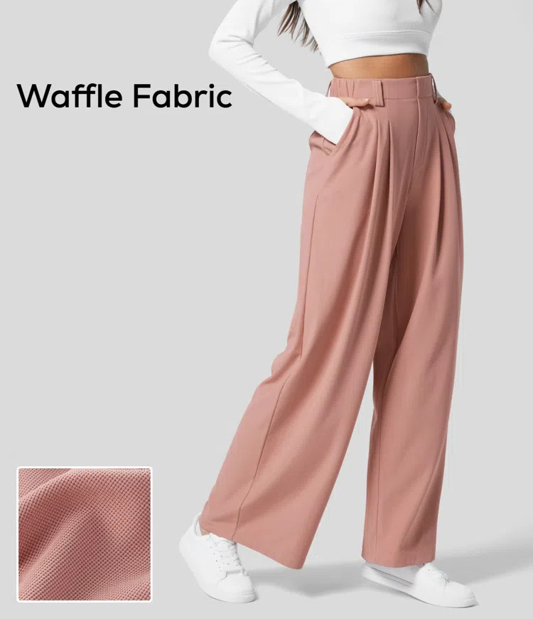 Women’s High Waisted Plicated Side Pocket Wide Leg Waffle Casual Pants - HALARA | HALARA