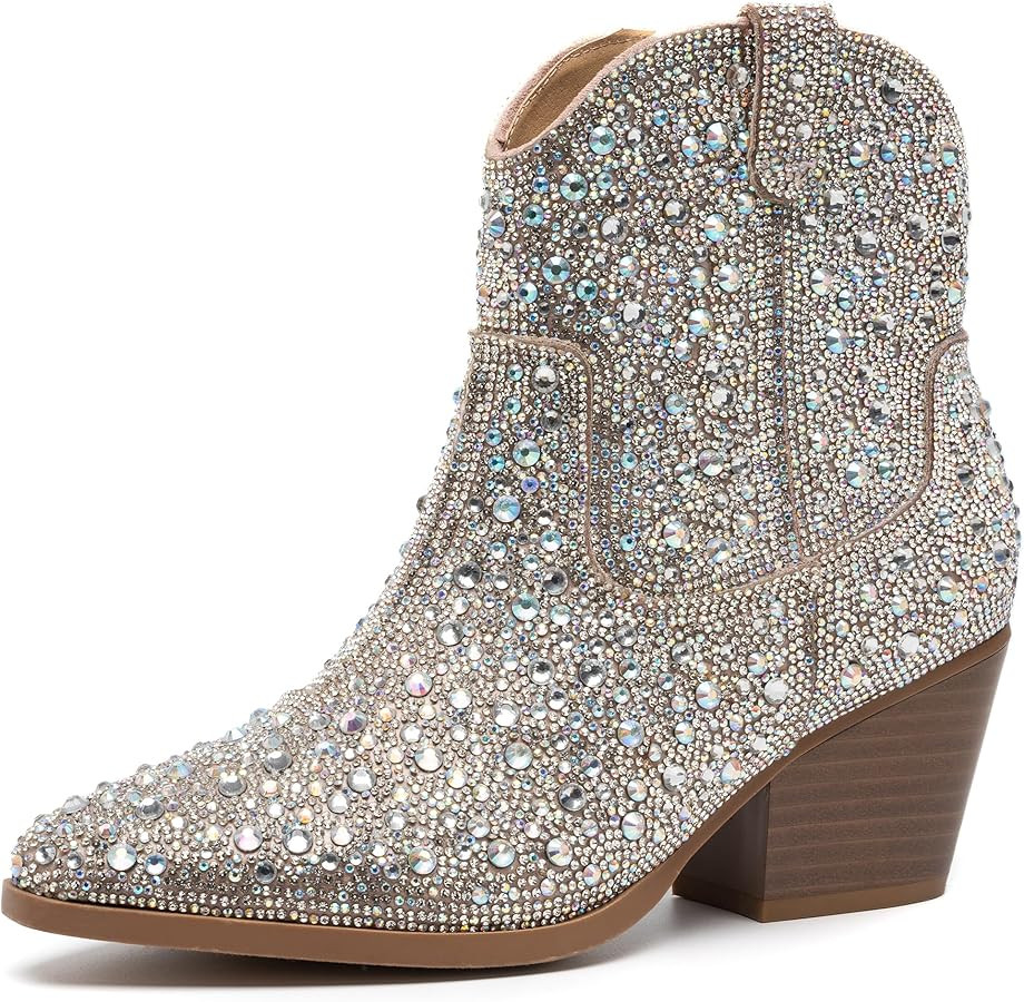YAYONE Rhinestone Zipper Sparkly Ankle Boots - Glitter Pointed Toe Fashion Comfortable Shoes, Pul... | Amazon (US)