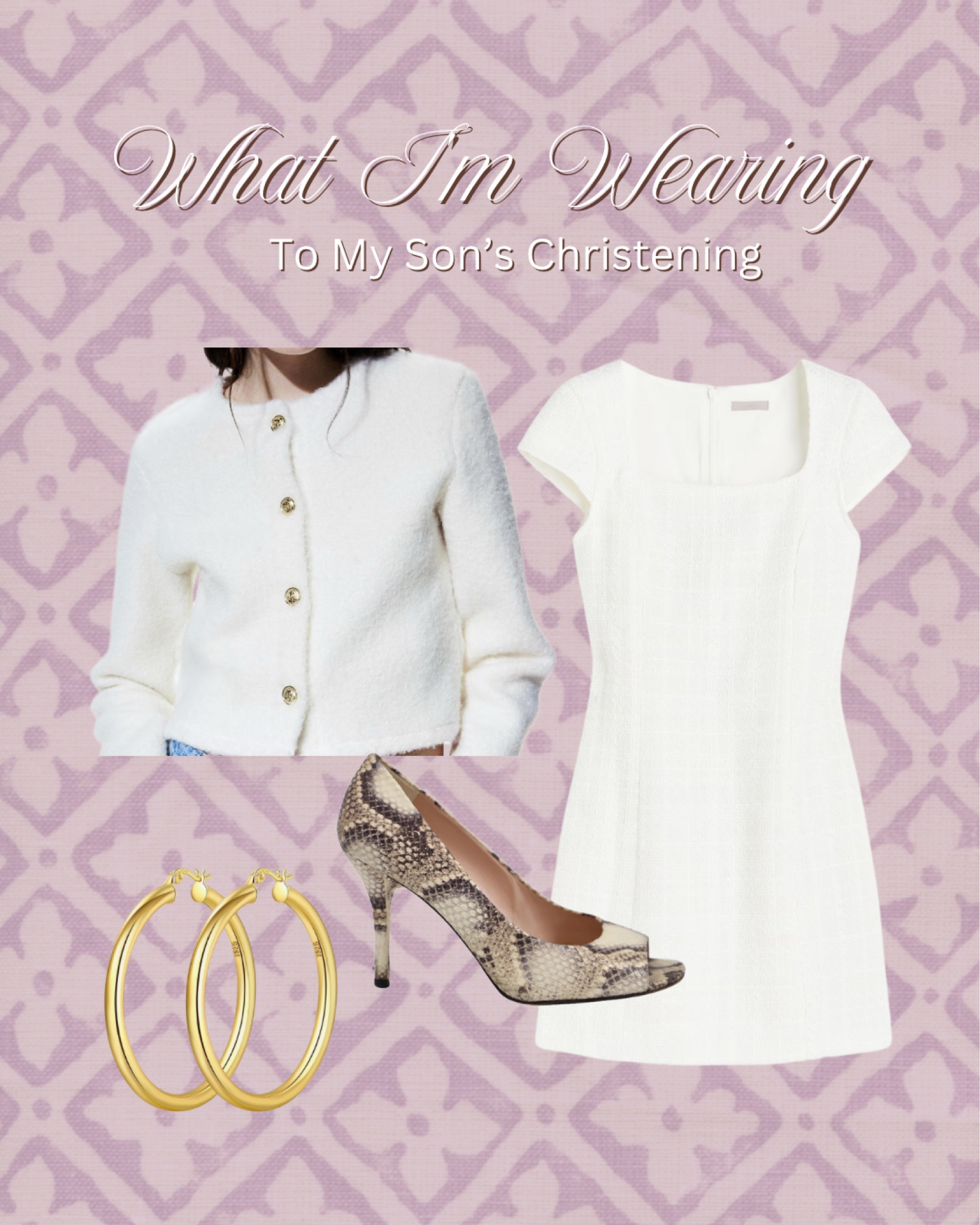 Putting together a timeless for a special day ✨ Here’s what I’m wearing for my son’s christening: a white bouclé cardigan coat over a white tweed dress (both from h&m), paired with classic peep-toe snakeskin heels—can’t find mine so I linked some similar ideas. And of course gold hoops  I love classic textures with a touch of edge. #ChristeningDay #Family #christening #christeningoutfit

#LTKStyleTip #LTKFindsUnder50 #LTKFindsUnder100