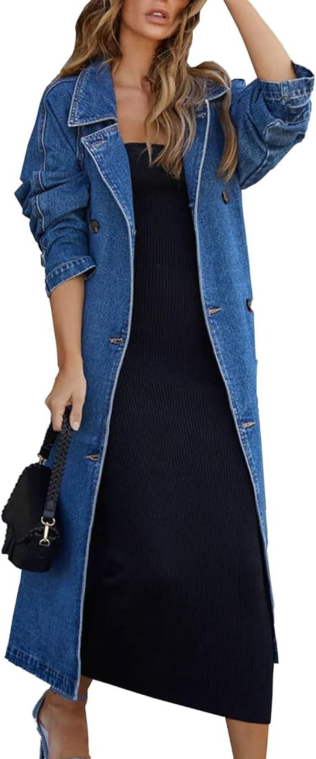 Women's Vintage Notched Collar Double Breasted Over Knee Midi Long Denim Jacket Trench Coat with ... | Amazon (US)