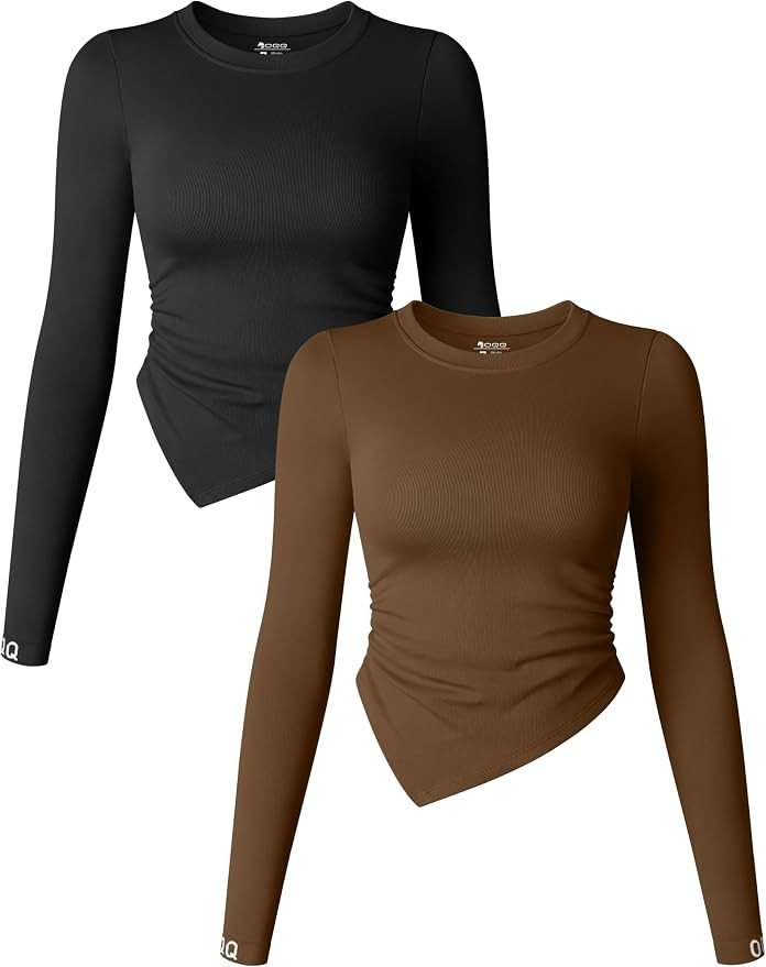OQQ Women's 2 Piece Long Sleeve Crew Neck Ruched Stretch Fitted Underscrubs Layer Tee Shirts Tops | Amazon (US)