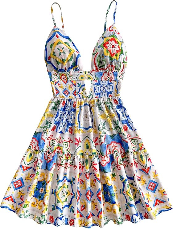 Floerns Women's Boho Floral Print Mini Dresses Cut Out V Neck Tiered Summer Cami Dresses | Amazon (US)