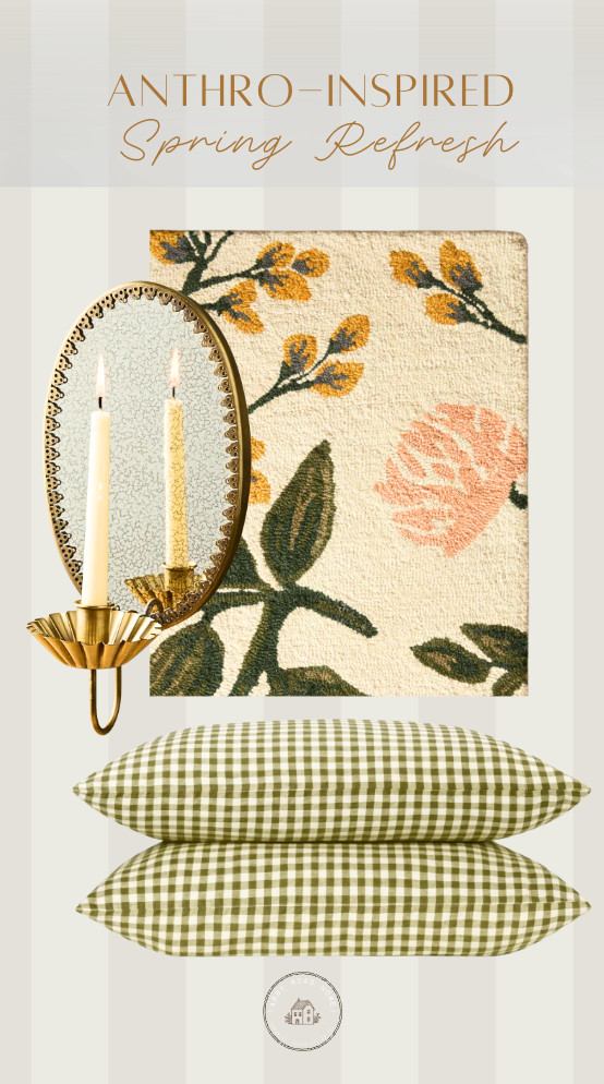 Anthro-Inspired Spring Refresh 🌿

Soft florals, gingham layers, warm brass, and textured textiles — the little details that make a space feel lived-in and collected.

• floral hooked rug
• vintage-style brass sconce
• scalloped mirror
• olive gingham pillows

It’s that cozy, old-world spring energy without feeling overly sweet. Just warmth, texture, and thoughtful layers.

Linked my favorite pieces for a subtle spring refresh ✨ 

 #LTKSeasonal #LTKHome #LTKSaleAlert