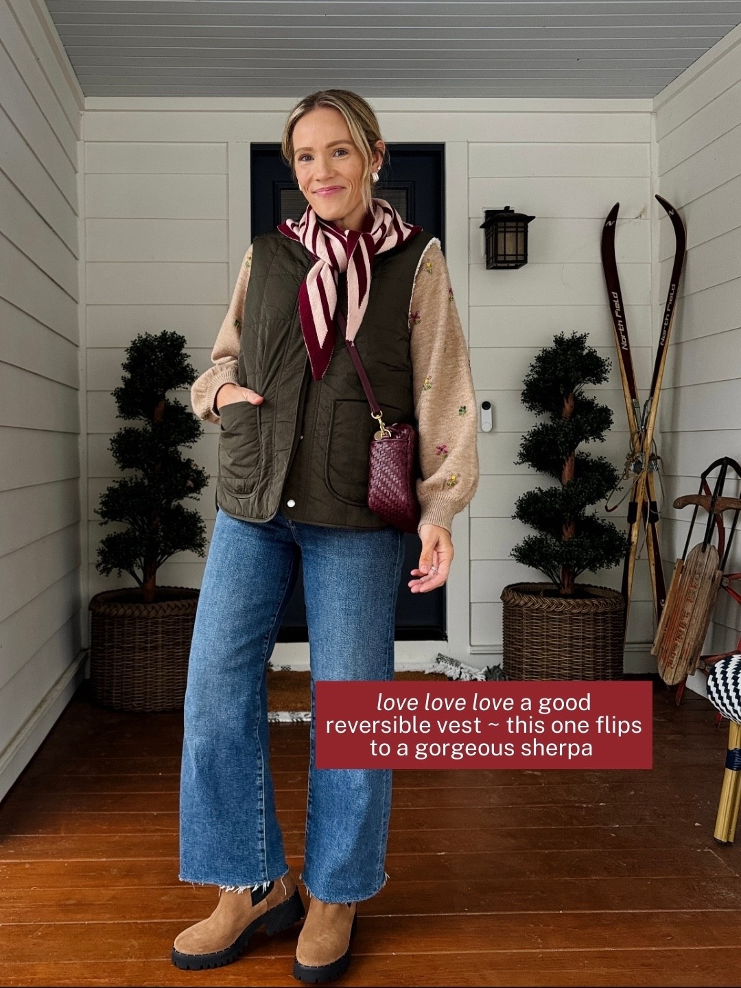 I'm between sized in Varley and went with the one below for this reversible vest (wearing an xs) code APLINEWINTER25, code YOUROCK at Tuckernuck sweater also linked a similar puffer vest & fully stocked navy, Clare V Marisol crossbody, grab the shortie strap to make into an easy evening bag, Freda Salvador rain resistant boots are very worth it and true to size, crop length in Agolde Harper jeans (5'3'),  Heaven Mayhem earrings smimilar, Merit flush balm in LeBonBon also on lips ~ xo, Claire

#LTKSeasonal #LTKootd #LTKSaleAlert