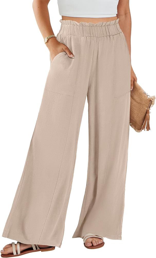 ANRABESS Women Linen Palazzo Pants 2024 Summer High Waist Wide Leg Pant Flowy Beach Trousers with... | Amazon (US)