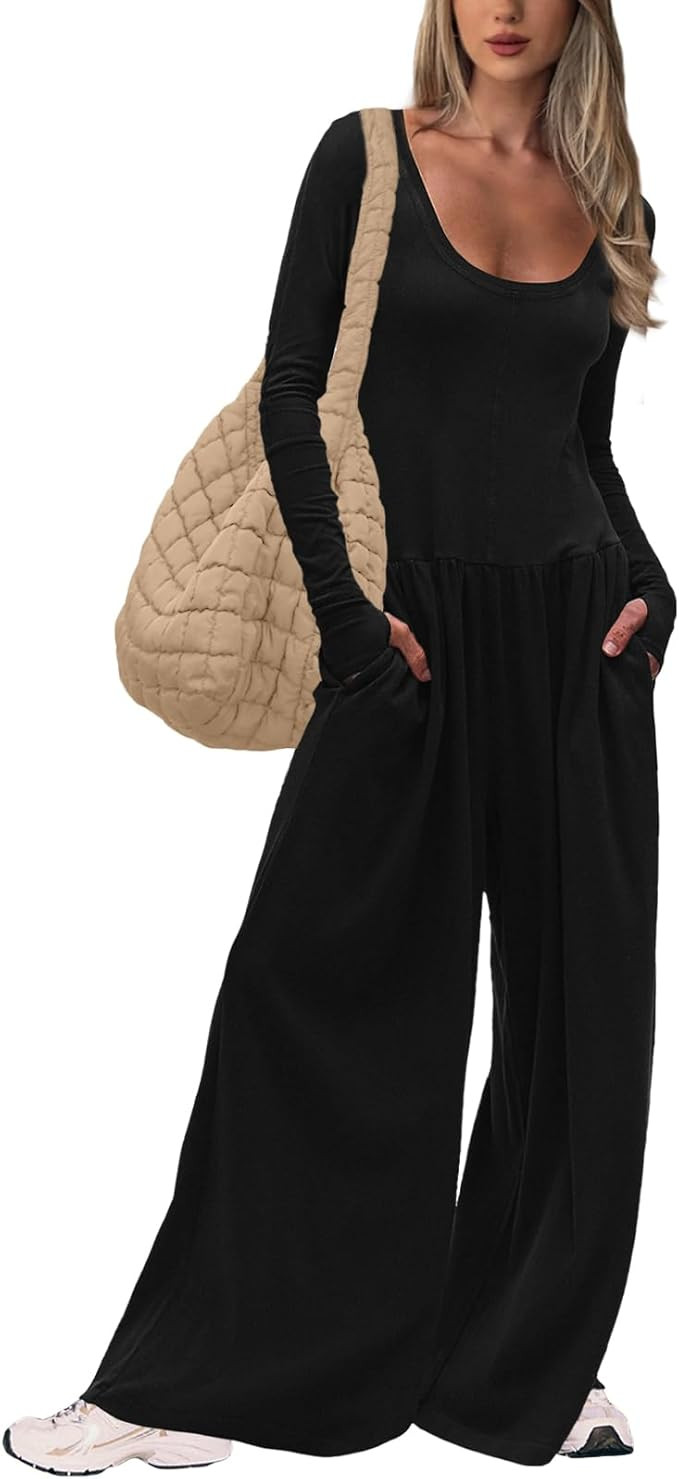UNIANKIYA One Piece Jumpsuits for Women Casual Long Sleeve Overalls Dressy Rompers Wide Leg Pants... | Amazon (US)