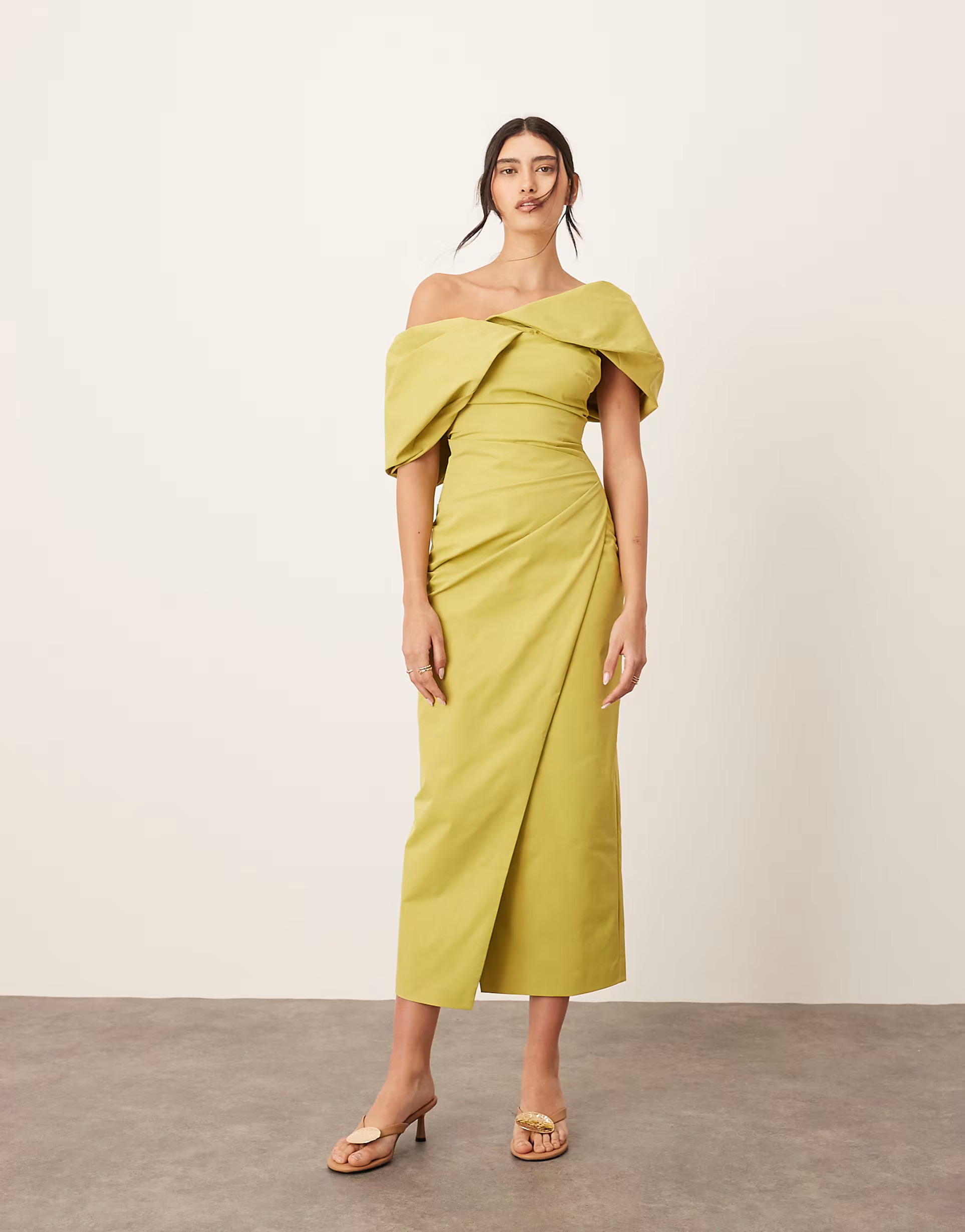 ARRANGE bardot pleat maxi dress with wrap detail in chartreuse | ASOS | ASOS (Global)