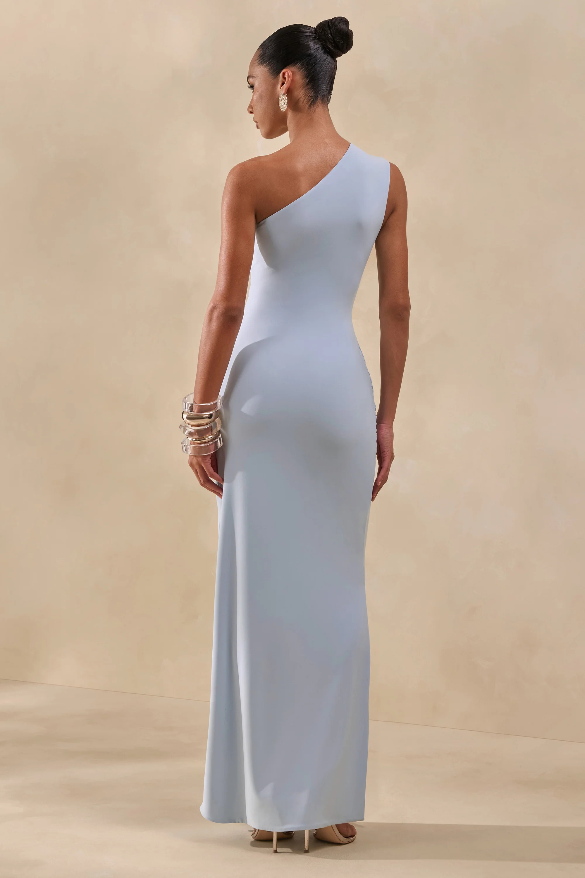 Lunoria | Powder Blue Asymmetric-Neck Maxi Dress With Gathered-Detailing | Club L London