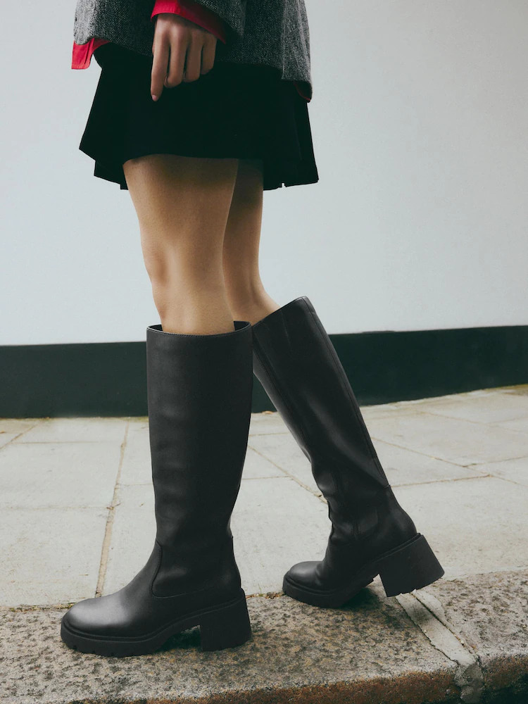 Black Forever Comfort® Chunky Heeled Round Toe Knee High Boots | Next EU