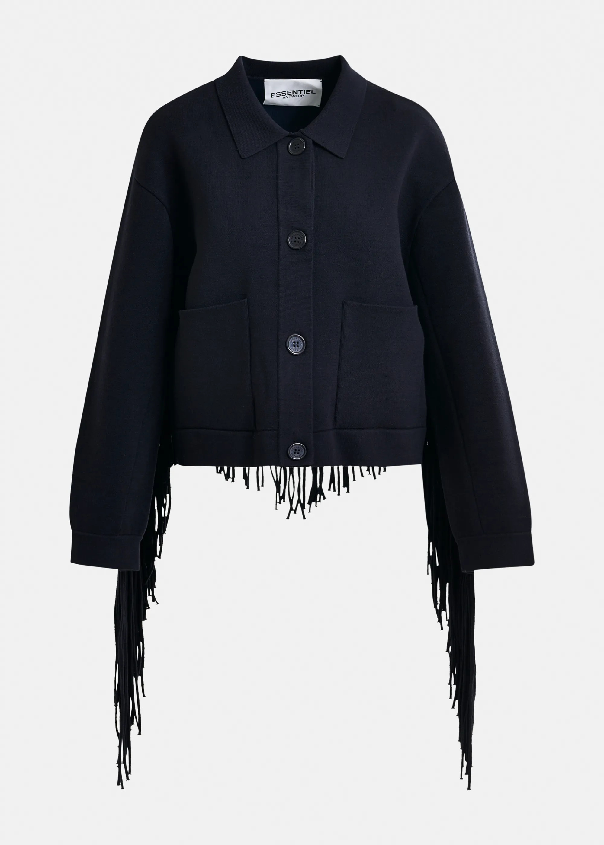 Navy cropped knitted jacket with fringe details | Essentiel Antwerp United States | Essentiel Antwerp