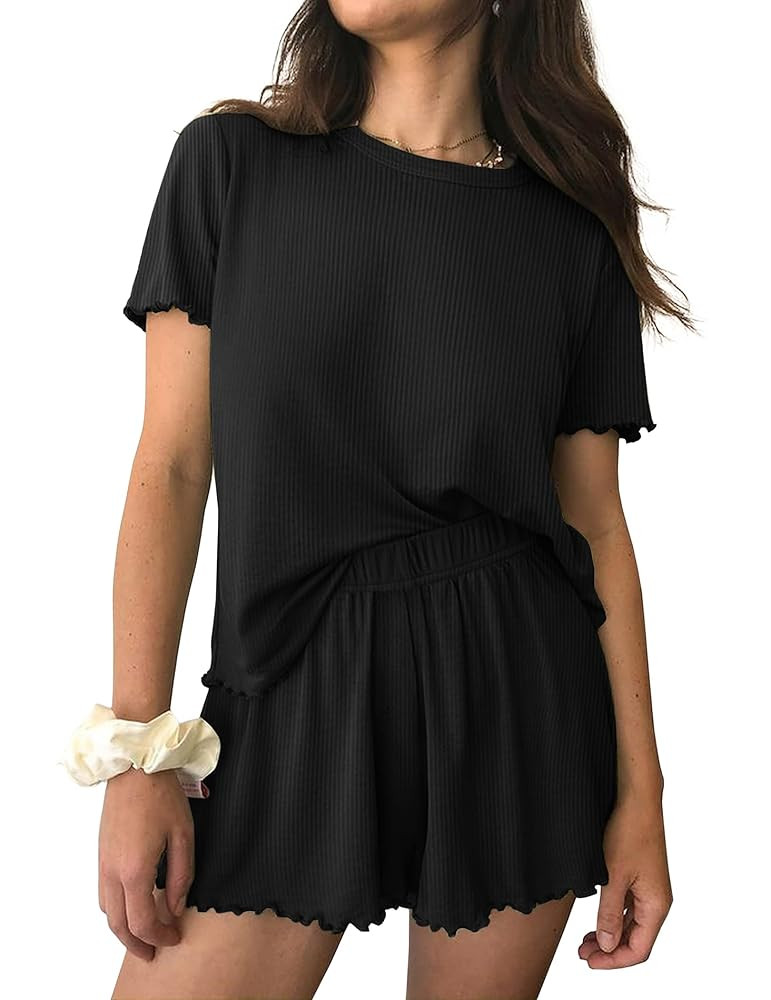 Ekouaer Womens Pajamas 2 Piece Ribbed Knit Pjs Short Sleeve Sleepwear Set Summer Soft Pajamas Set... | Amazon (US)