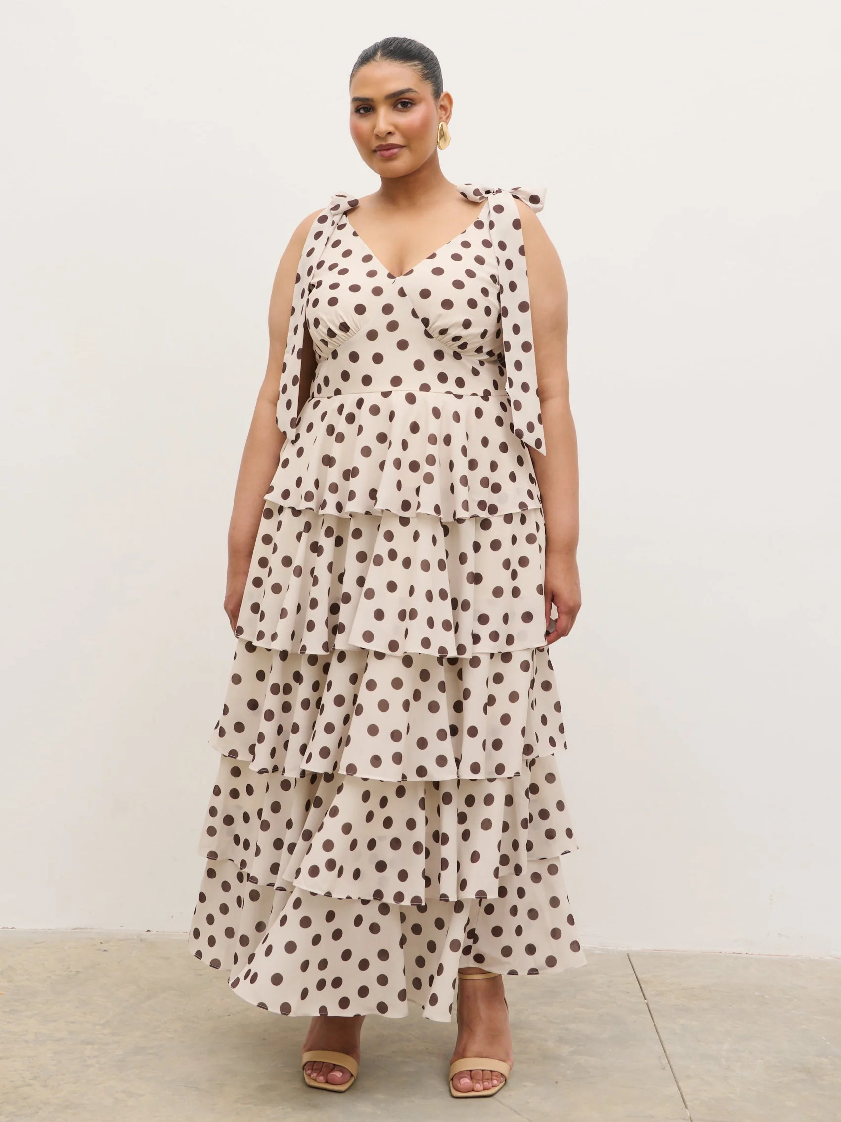 Fiore Tie Ruffle Maxi Dress Curve - Large Brown and Cream Polkadot | Pretty Lavish (UK)