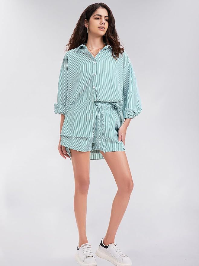 EXLURA Women's Summer 2 Piece Outfits Long Sleeve Button Down Shirts Matching Short Sets Oversize... | Amazon (US)