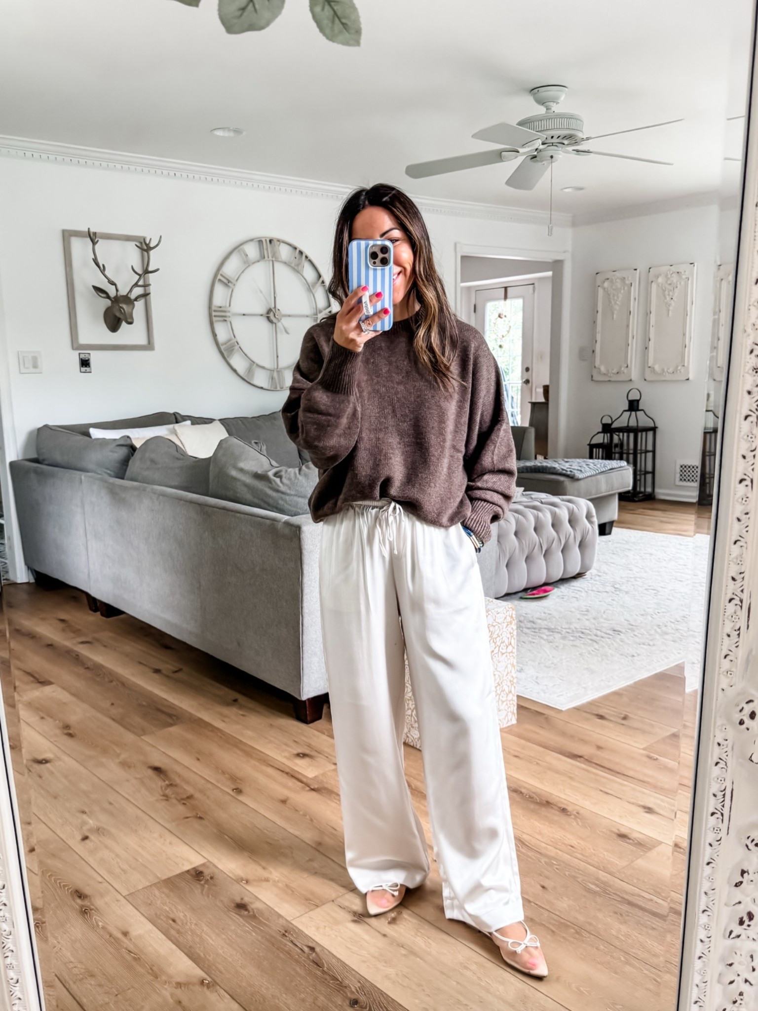 Small cashmere sweater. Satin pants Xs short, but prefer small short. @abercrombie

#LTKSaleAlert #LTKOver40 #LTKPetite