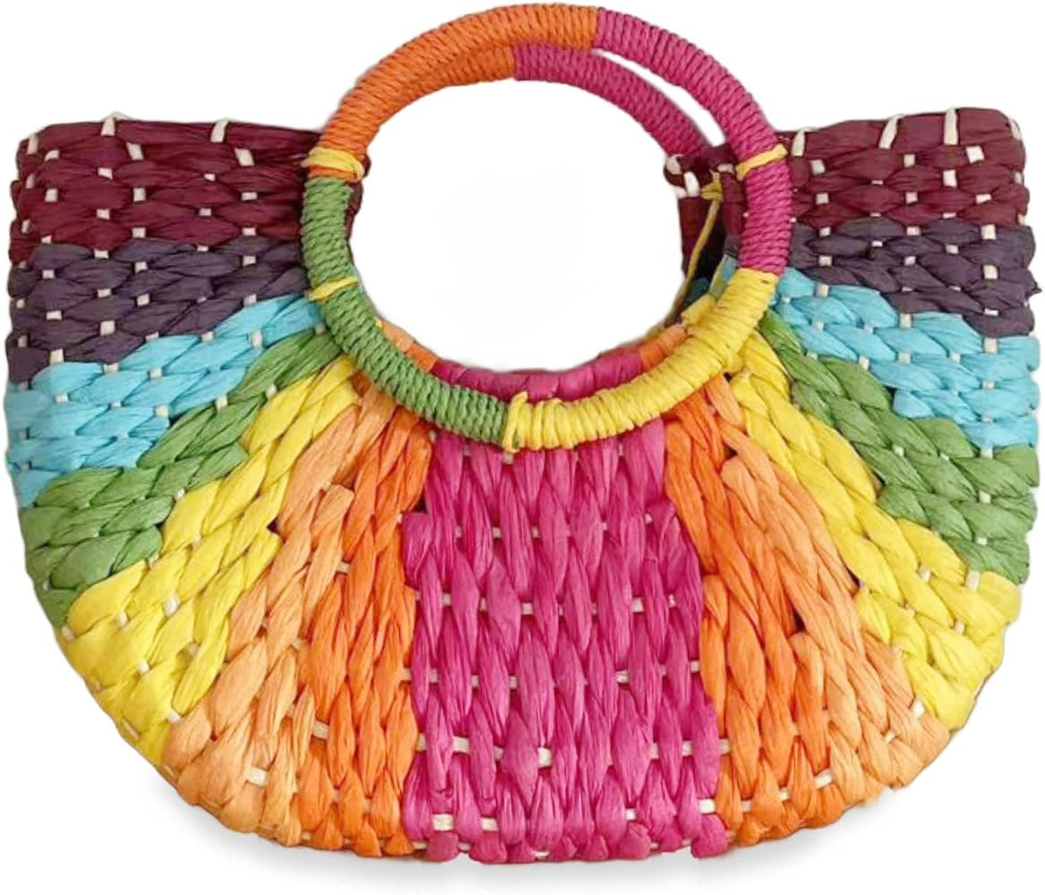 YYW Women Woven Bag Colorful Straw Tote Handbag Large Rattan Purse Summer Beach Bags (Purple) | Amazon (US)