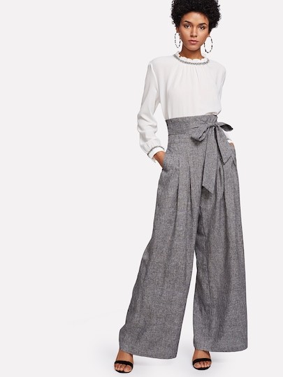 SHEIN Self Belted Box Pleated Palazzo Pants | SHEIN