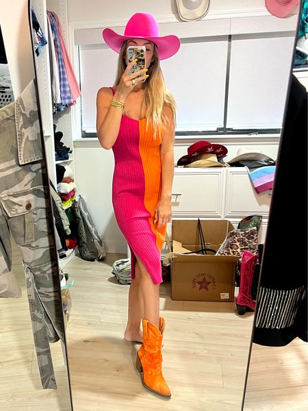 Wearing XS in this ribbed knit color block dress. Inspo country concert. Nashville. I love this dress. great quality for the price. Denim orange boots. 

#LTKFestival #LTKstyletip #LTKshoecrush