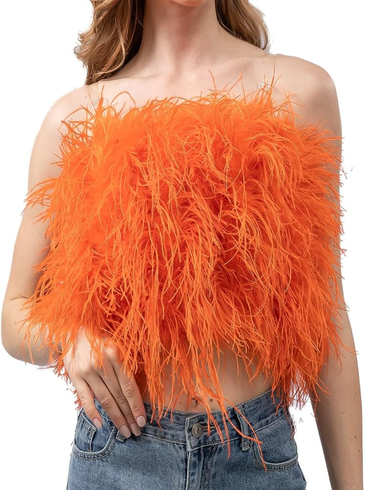 LVCOMEFF Women Ostrich Feather Mini Crop Top Bandeau Camisole Tube Top Strapless Sleeveless for C... | Amazon (US)
