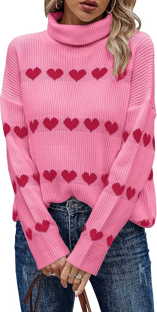 ECOWISH Women Valentine Heart Sweater V Neck Embroidery Knit Loose Casual Long Sleeve Ribbed Pull... | Amazon (US)