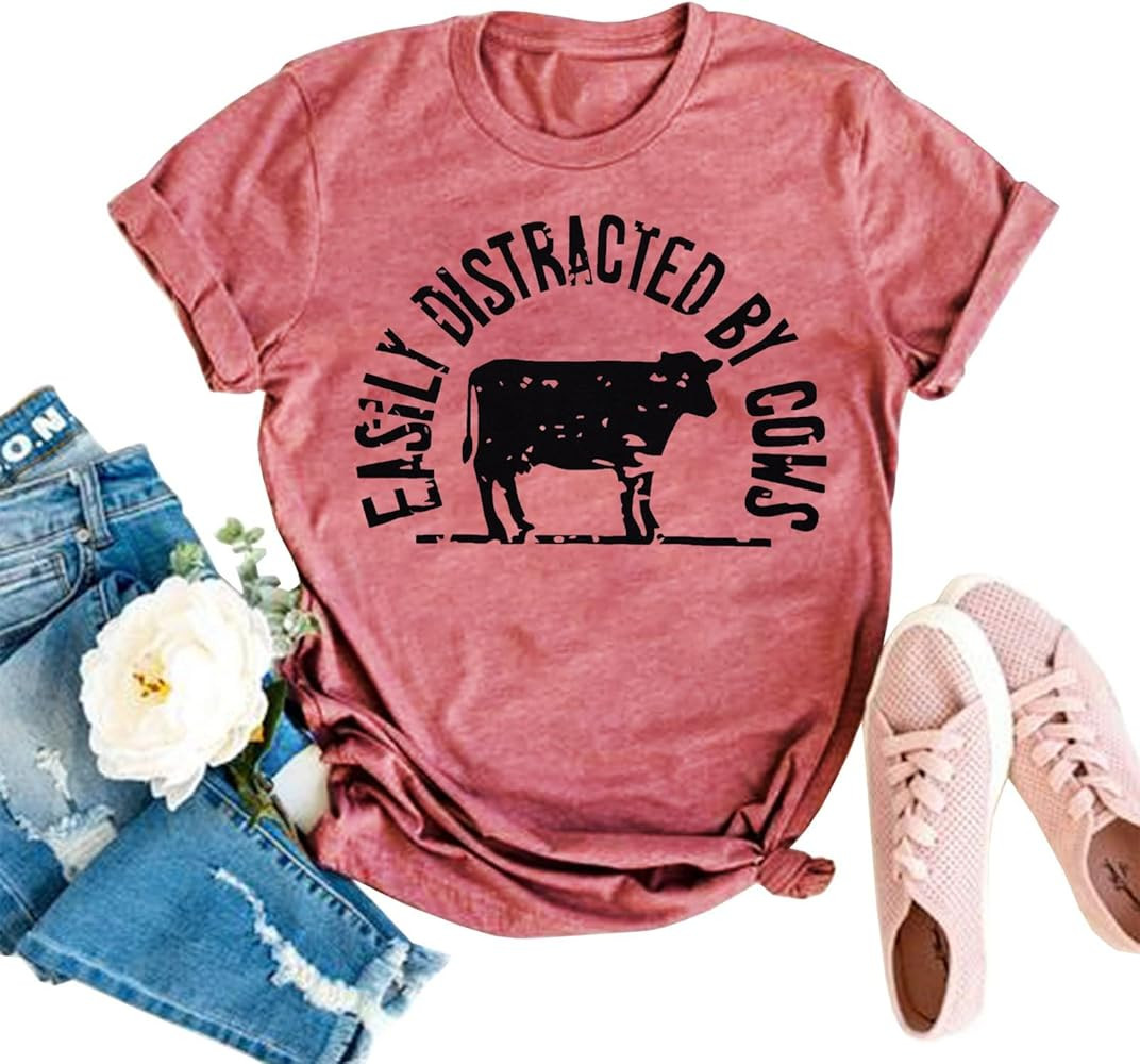 Cow Shirts for Women Easily Distracted by Cows Bleached Cowgirl T-Shirt Short Sleeve Vintage West... | Amazon (US)