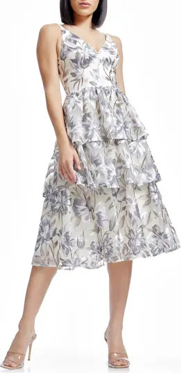 Dress the Population Lorelai Floral Embroidery Tiered Cocktail Midi Dress | Nordstromrack | Nordstrom Rack
