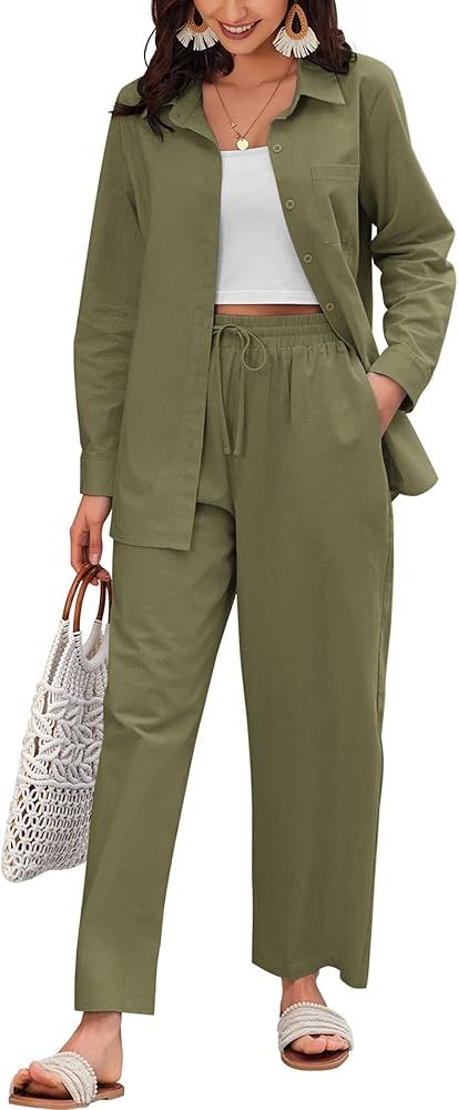 Zeagoo Women Linen Suit Two Piece Outfits Summer Beach Linen Shirt and Pants Set | Amazon (US)