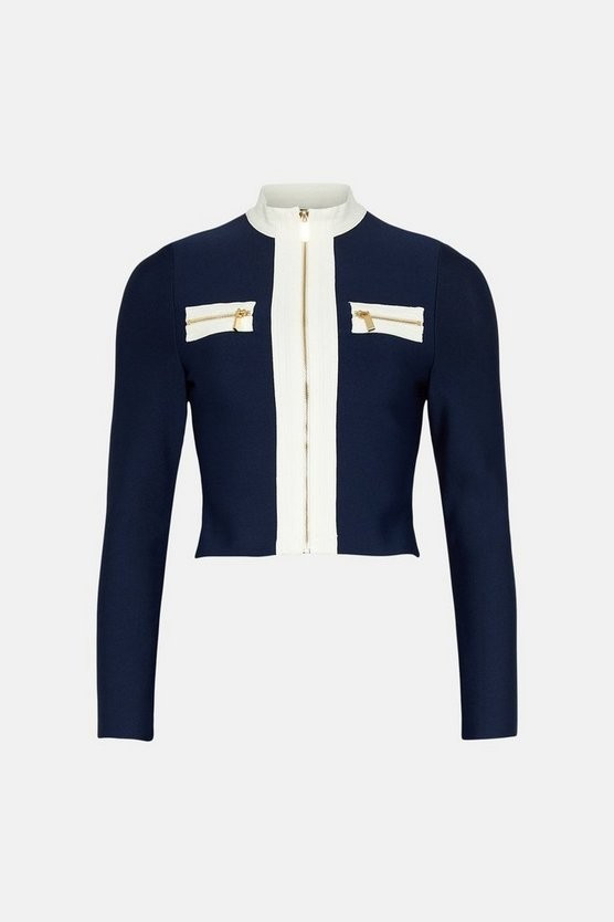 Contrast Zip Pocket Bandage Knit Jacket | Karen Millen UK & IE