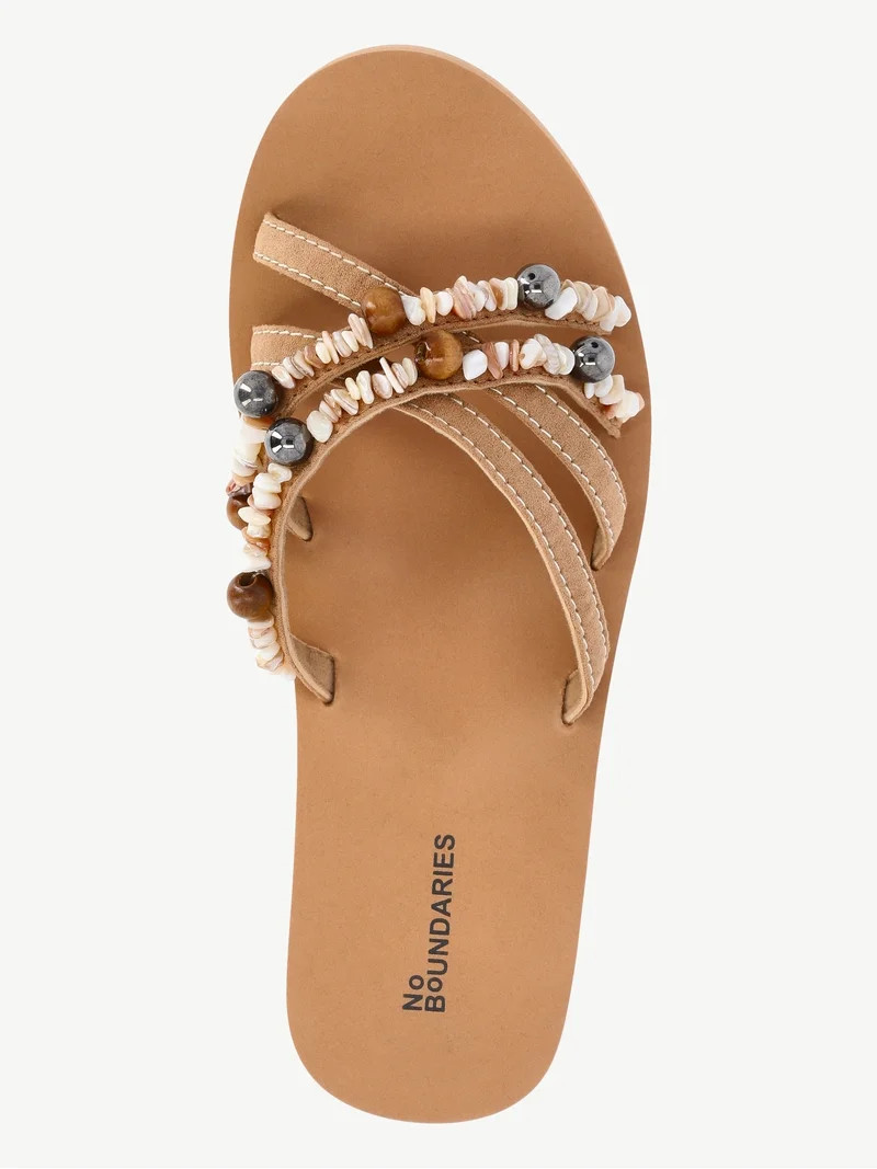 No Boundaries Faux Suede Flip Flop Sandals with Shell Embellishments, Women's | Walmart (US)