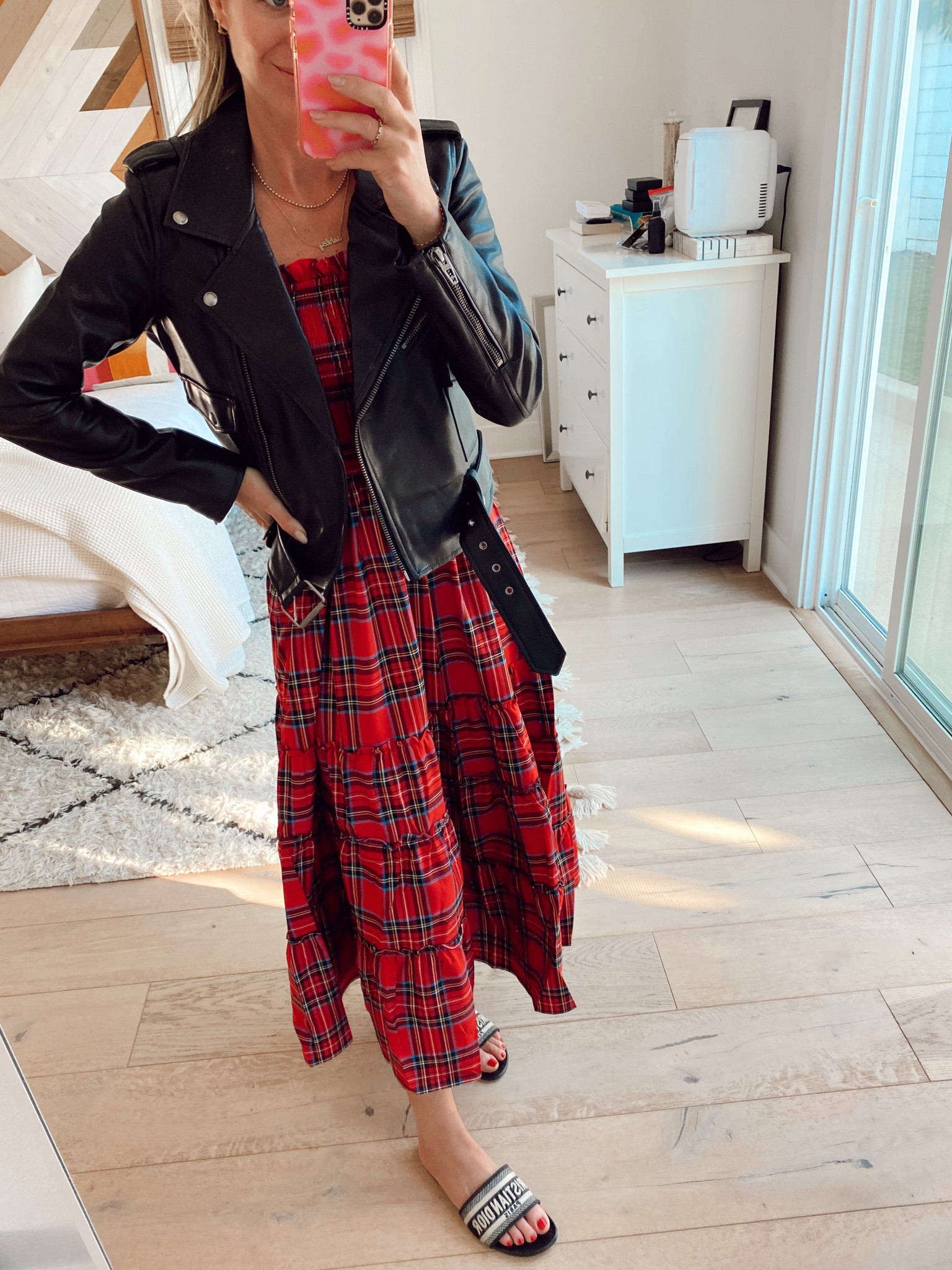 Red plaid maxi dress with a vegan leather moto jacket for a fun holiday look  

#LTKHoliday #LTKsalealert #LTKSeasonal