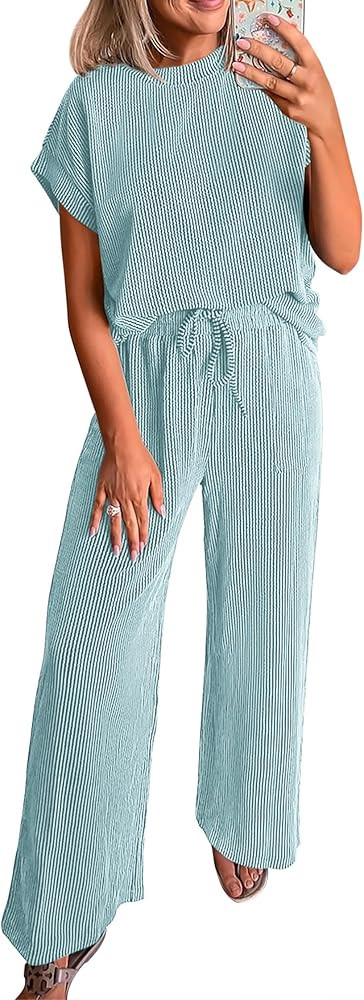 KIRUNDO 2 Piece Sets for Women Dressy Casual Ribbed Knit Short Sleeve Tops Wide Leg Pants Lounge ... | Amazon (US)