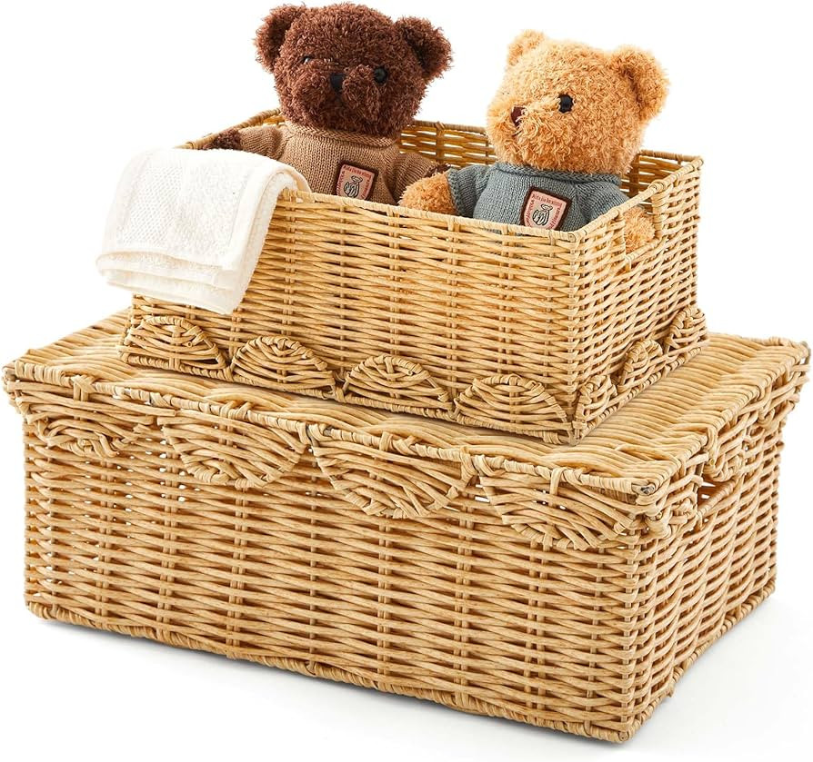 Sintuff 2 Pieces Hand Woven Rattan Basket with Lid Scalloped Storage Basket 2 Sizes Multipurpose ... | Amazon (US)