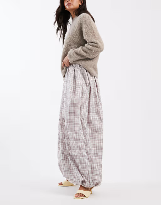 ASOS DESIGN bubble hem pants in brown plaid | ASOS (Global)