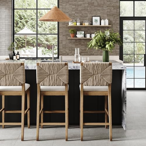 Nathan James Beacon Bohemian Boucle Bar Stool with Back, Bar Height Kitchen Island Chair, Seagrass Bar Stool, Cream Boucle/Brushed Light Brown, Set of 3 | Amazon (US)
