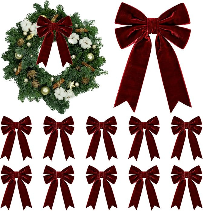 10 Pcs Wine Red Velvet Bow, 5x7inches Vintage Velvet Ribbon Bow Ornaments for Christmas Tree Garl... | Amazon (UK)