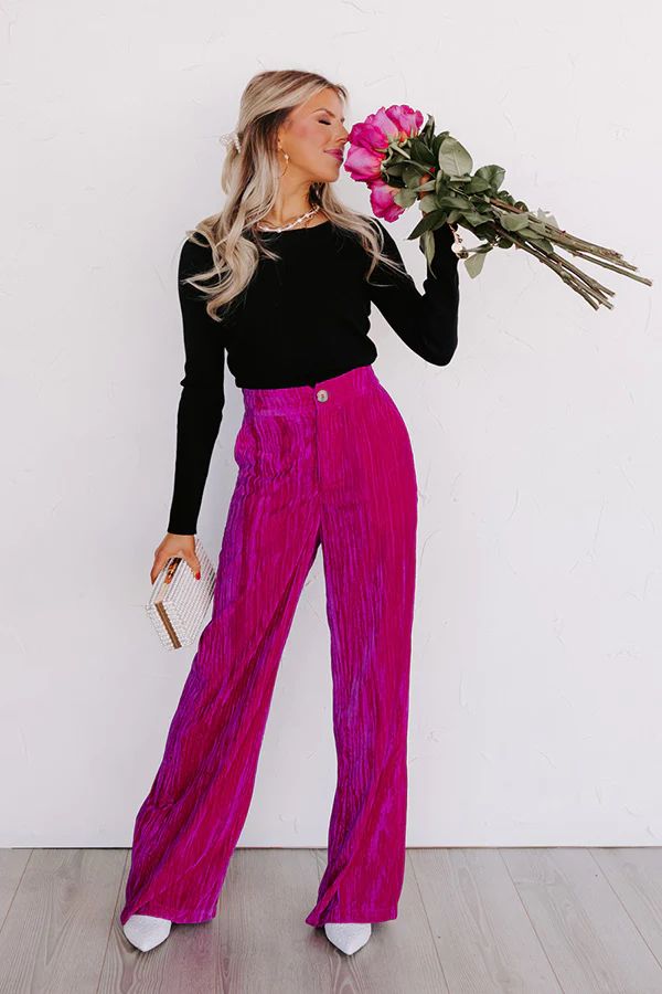 Private Jet Perfection High Waist Velvet Pants In Fuchsia | Impressions Online Boutique